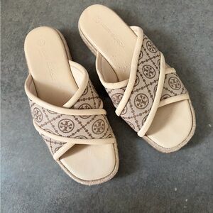 Tory Burch T Monogram Crossband Espadrille Slide Sandals Size 10.5